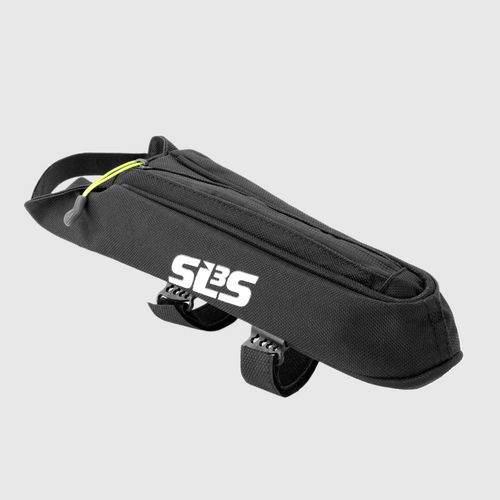 A black top tube bag equipped with zippers and adjustable straps