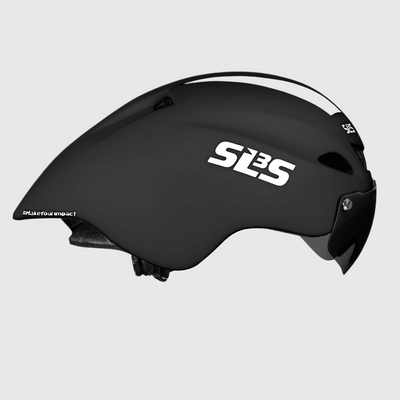 A black triathlon helmet with white text