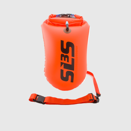 An orange colored swim buoy with 'SLS3' written on it