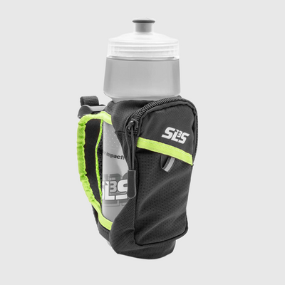 A handheld water bottle in a black and lime green pouch