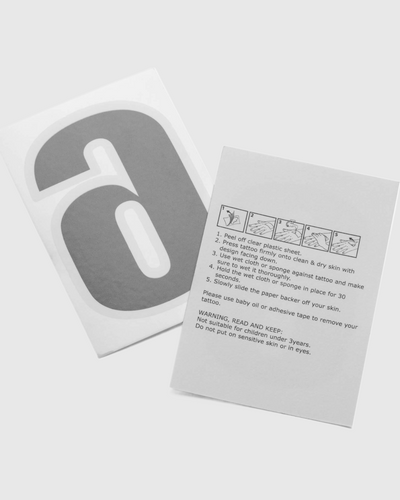  A white and grey paper with a number and tattoo application instructions