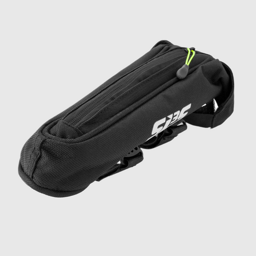 A black bicycle top tube bag with a neon green zipper pull and straps