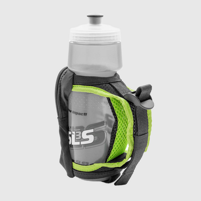 A handheld water bottle with an adjustable strap