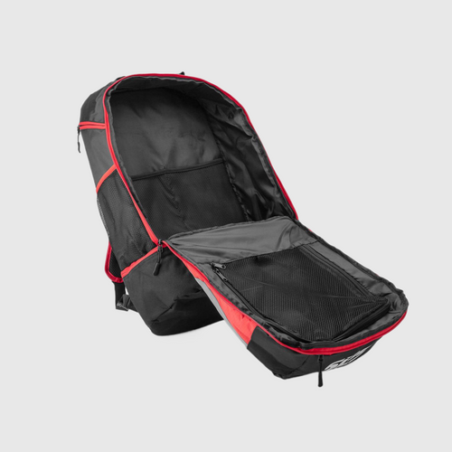 A black and red triathlon backpack with a zipper