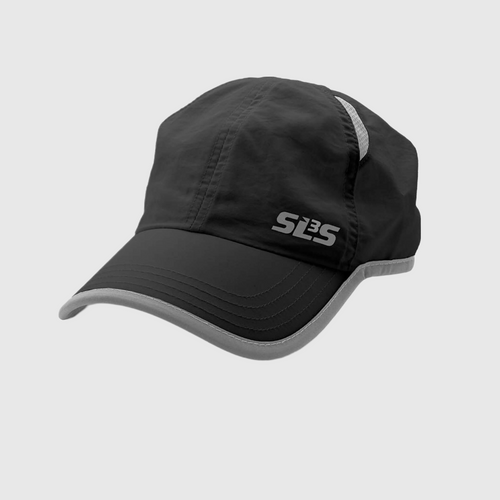 Black running cap with a gray stripe and the text 