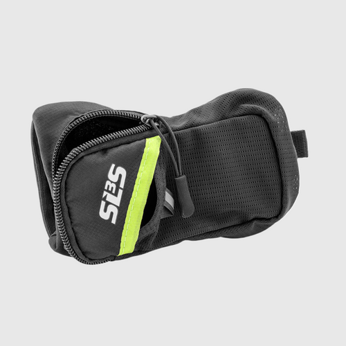 A zippered black pouch with a lime green stripe