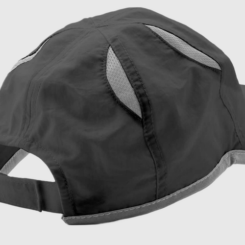 Close-up view of a black running cap