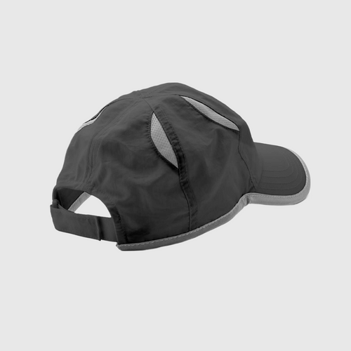 Black running cap with vent panels and adjustable strap