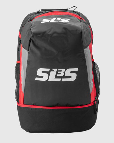 A black and red triathlon backpack
