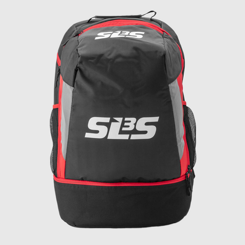 A black and red triathlon backpack