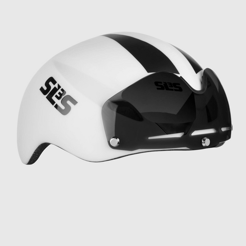 A front view of a white triathlon helmet with visor