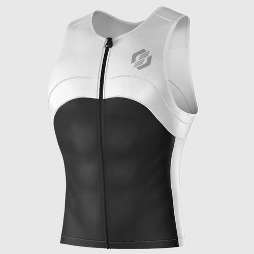 Sleeveless black and white tri top with a front zipper