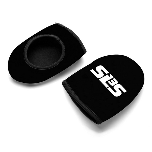 A pair of black neoprene cycling toe covers with white SLS3 logo