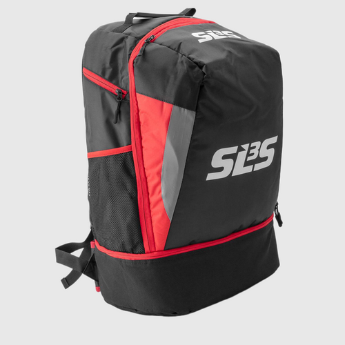 A black and red triathlon backpack with SLS3 logo