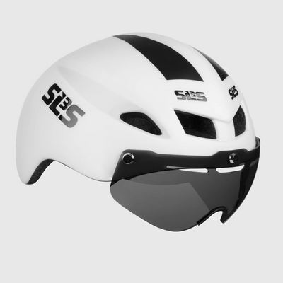 A white triathlon helmet with removable visor