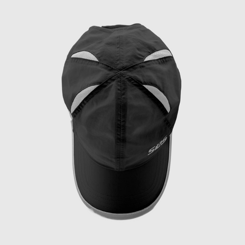 Top view of a black running cap with mesh panels