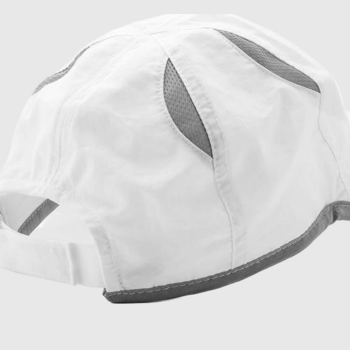 Close-up view of a white running cap