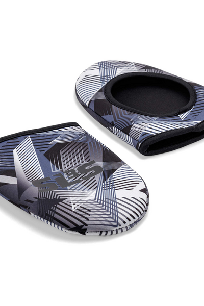 A pair of cycling toe covers with a blue, black, and white geometric pattern