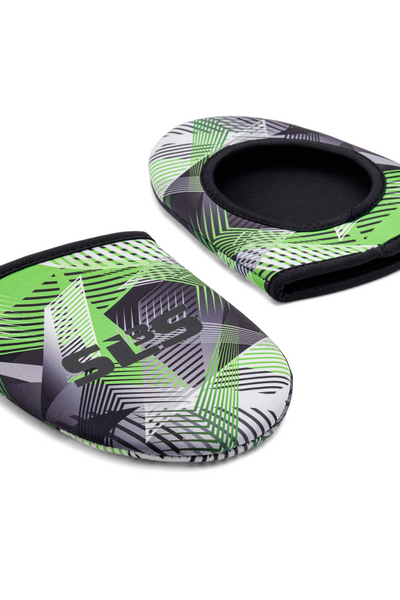 A pair of green, black, and white patterned neoprene cycling toe covers