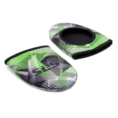 A pair of green, black, and white patterned neoprene cycling toe covers