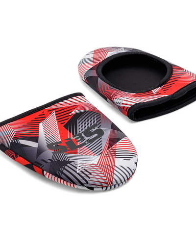A pair of red, black, and white graphic print neoprene cycling toe covers