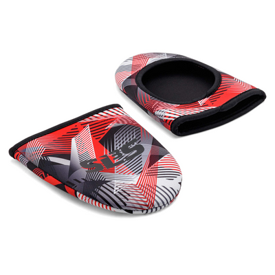 A pair of red, black, and white graphic print neoprene cycling toe covers