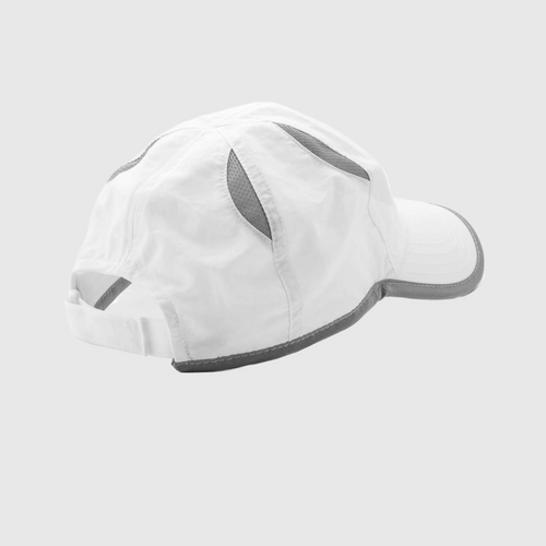 White running cap with gray vent panels and adjustable strap