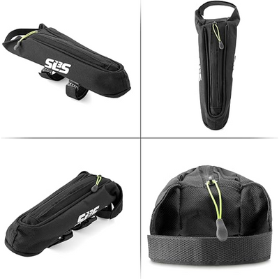 Collage of four images showing different views of a black top tube bag