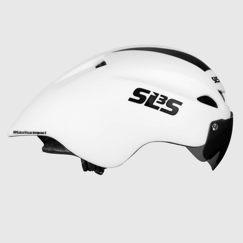 A white triathlon helmet with black text