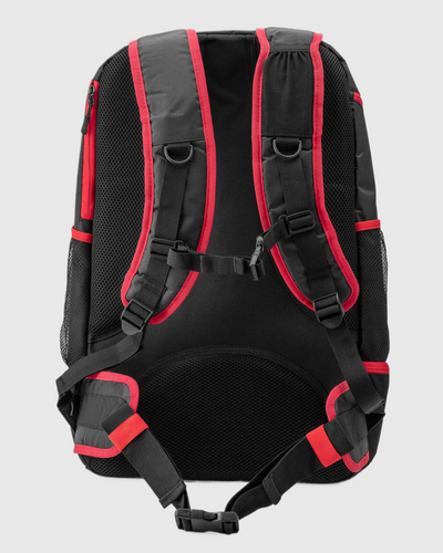 A black and red triathlon backpack with adjustable straps