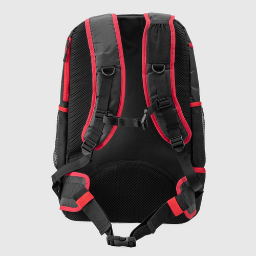 A black and red triathlon backpack with adjustable straps