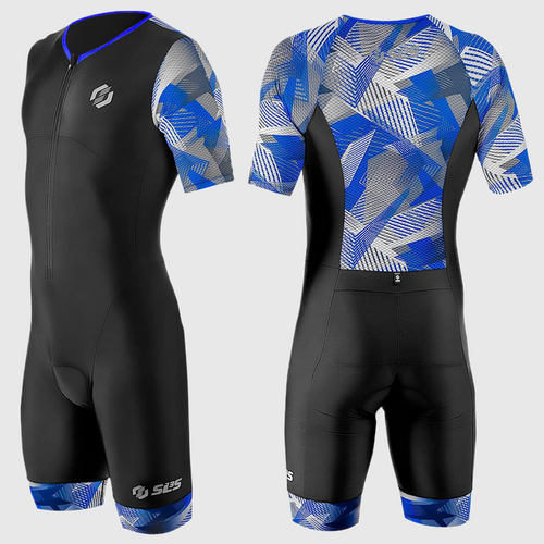 A black and blue patterned men's triathlon suit