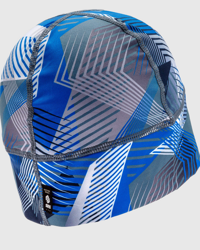 A blue and white patterned running beanie hat