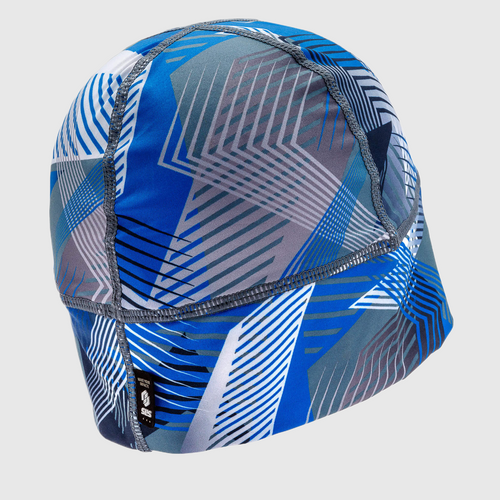 A blue and white patterned running beanie hat