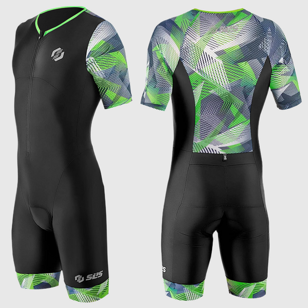 A black and green patterned men's triathlon suit