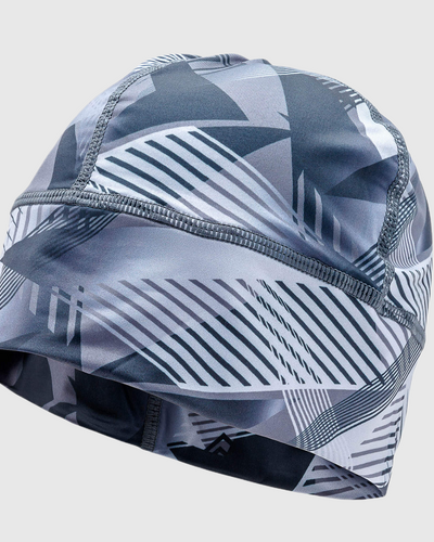A running beanie hat with blue and white geometric pattern