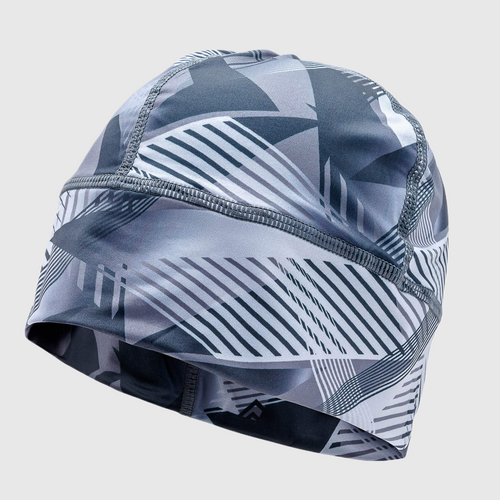 A running beanie hat with blue and white geometric pattern