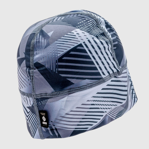 A blue and white patterned running beanie hat