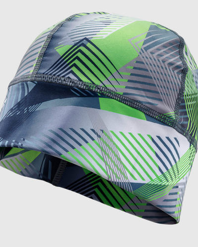 A running beanie hat with green, blue, and white geometric pattern