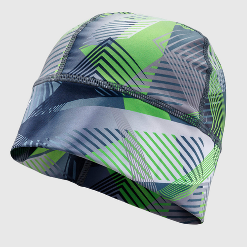 A running beanie hat with green, blue, and white geometric pattern