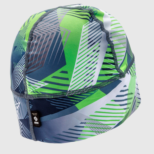 A green, blue, and white patterned running beanie hat