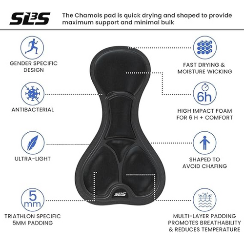 Black chamois pad with infographics detailing features