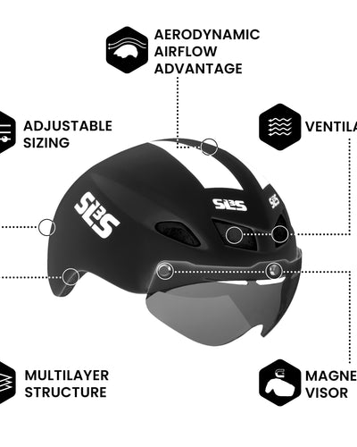 A black triathlon helmet displaying its features