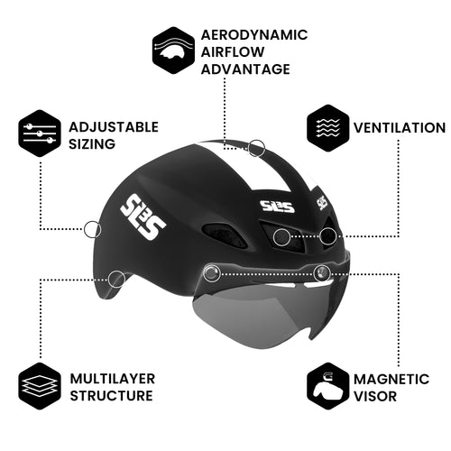 A black triathlon helmet displaying its features