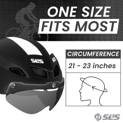 A triathlon helmet with text 'one size fits most' displayed prominently