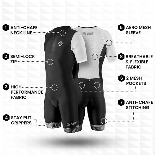 A men's black and white tri suit showcasing its design and features