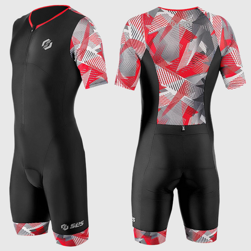 A black and red patterned men's triathlon suit