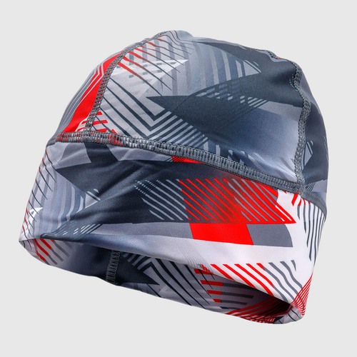 A running beanie hat with blue and red geometric pattern