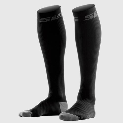 A pair of black compression socks with the logo 