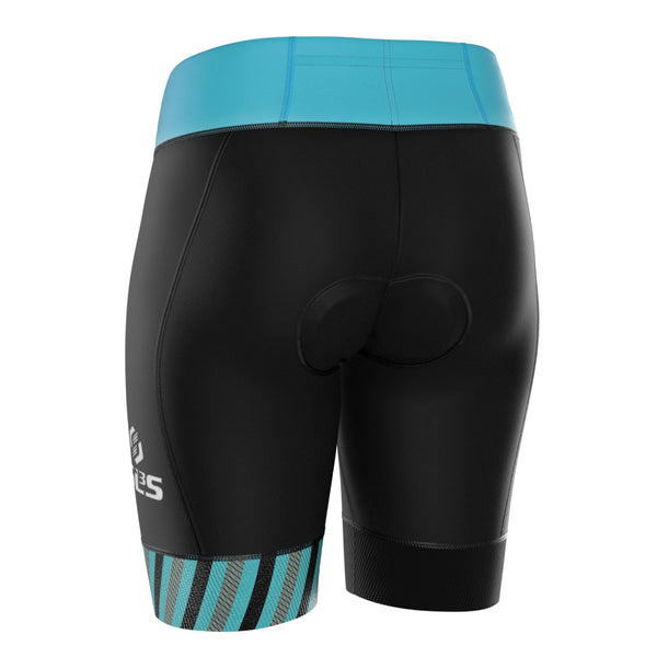 Back view of a black and blue tri shorts